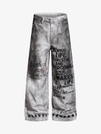 Distressed Dirty Wash Text Graphic Star Trim Straight Leg Pants