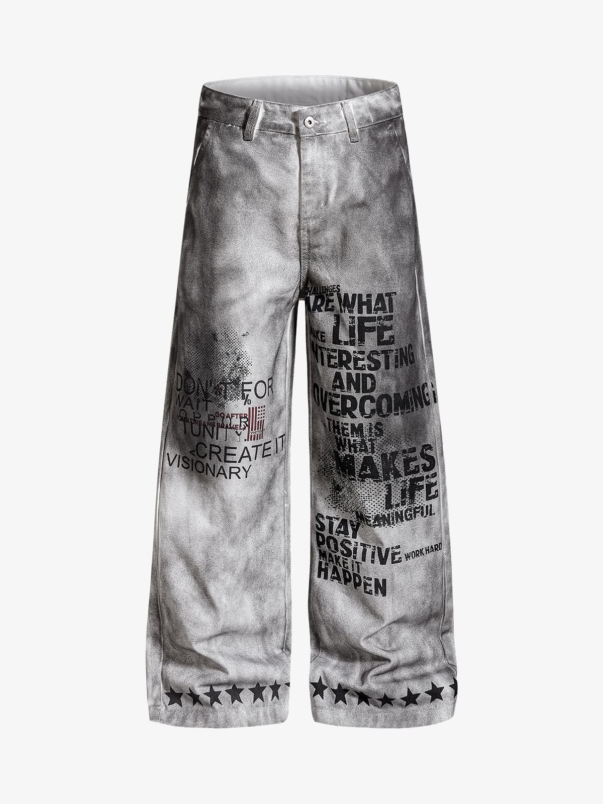 Distressed Dirty Wash Text Graphic Star Trim Straight Leg Pants