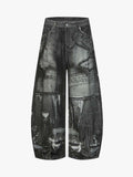 Abstract Graphic Print Wide Leg Barrel Jeans