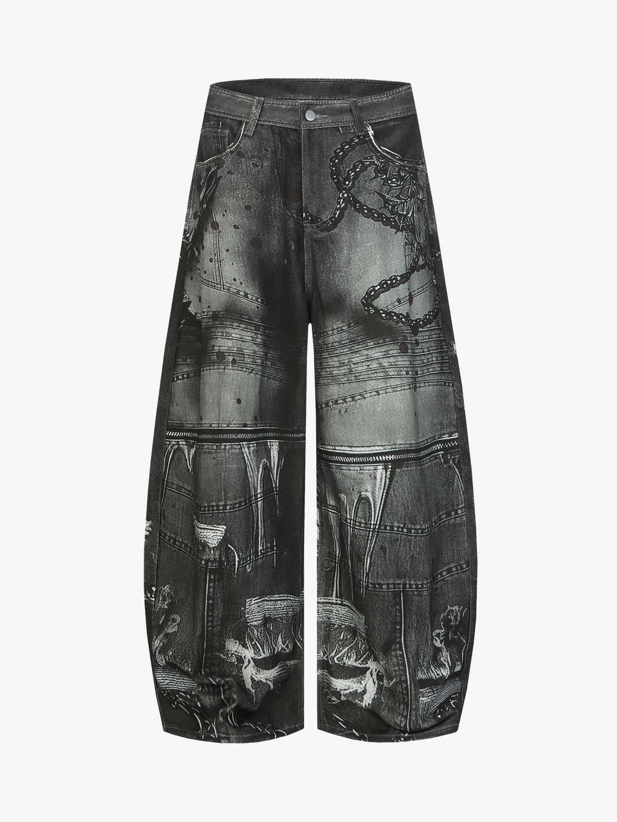 Abstract Graphic Print Wide Leg Barrel Jeans