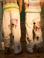 Colorful Cross Patch Straight Leg with Detachable Chain Jeans