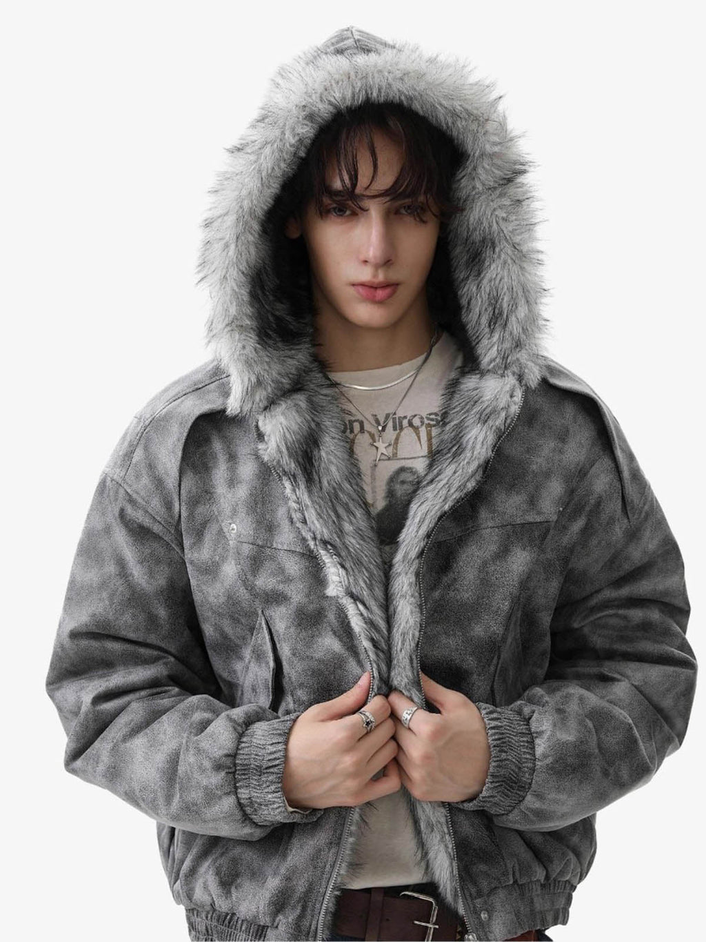 Faux Suede Vintage Wash Fur Hood Padded Jacket - 2553