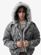 Faux Suede Vintage Wash Fur Hood Padded Jacket - 2553