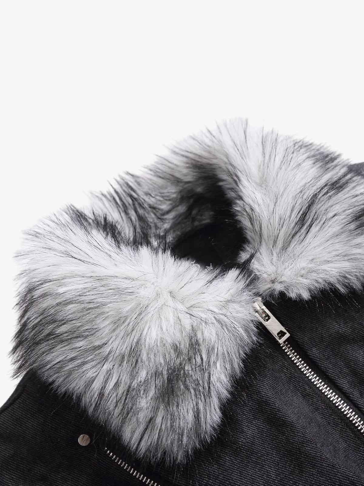 Fur Collar Moto-Style Zip Up Bomber Jacket