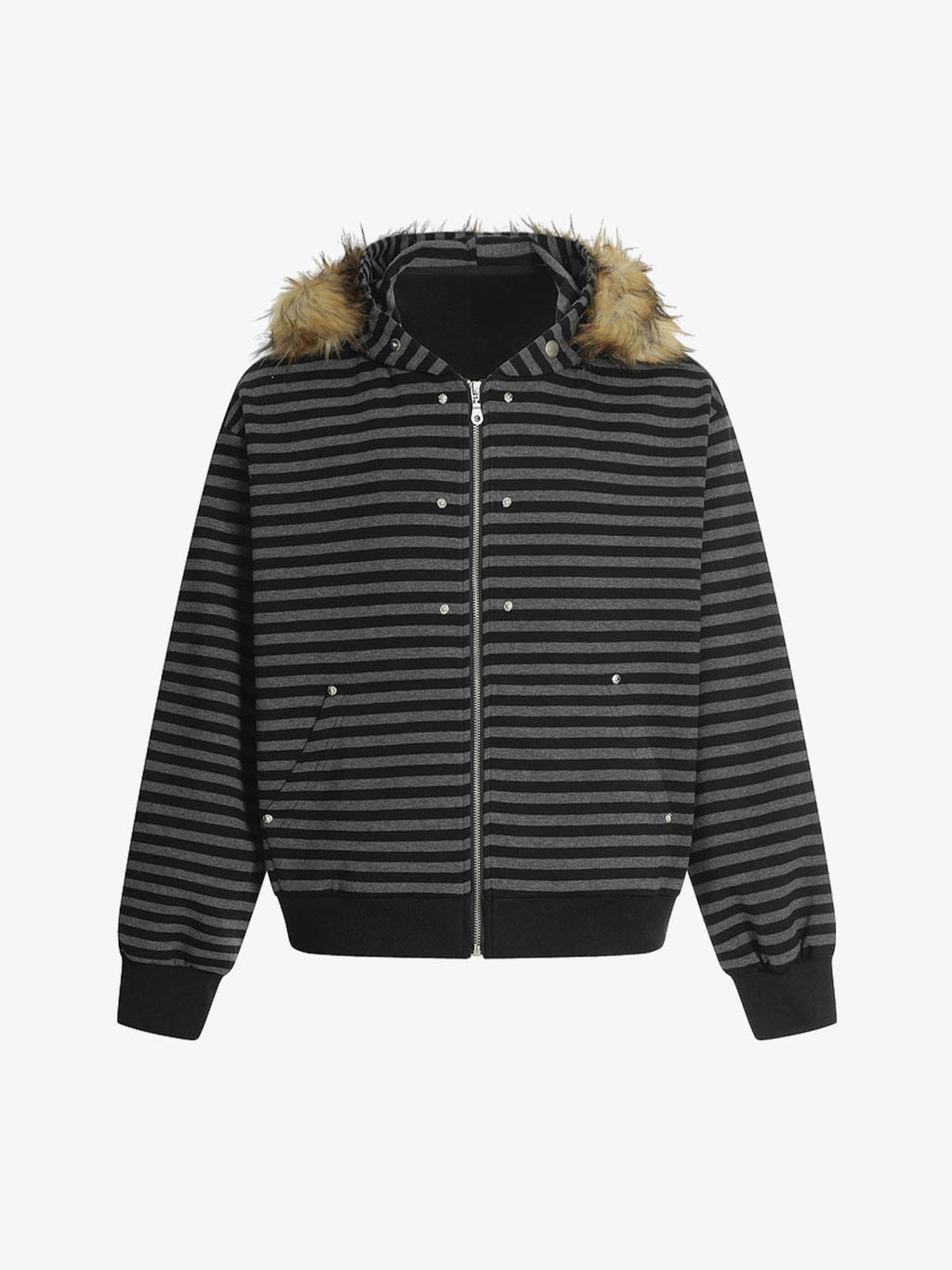 Detachable Fur Collar Striped Zip Up Hoodie