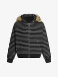 Detachable Fur Collar Striped Zip Up Hoodie