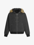 Detachable Fur Collar Striped Zip Up Hoodie