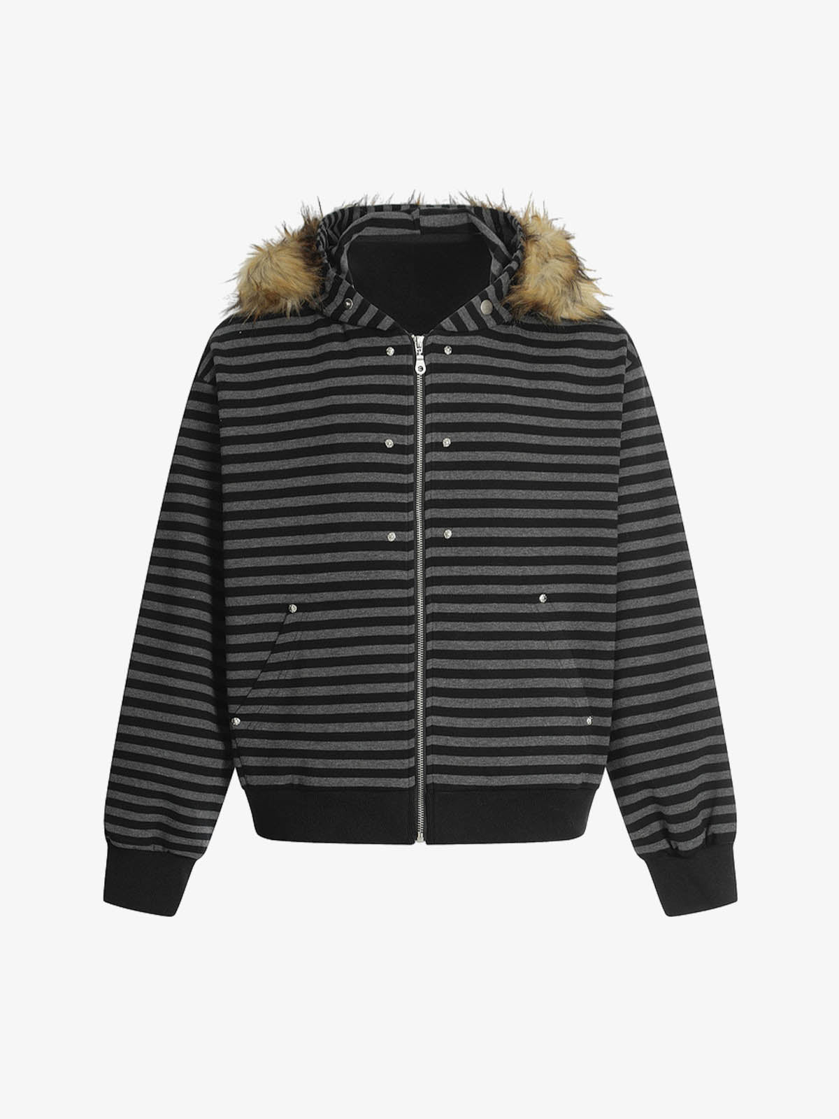 Detachable Fur Collar Striped Zip Up Hoodie