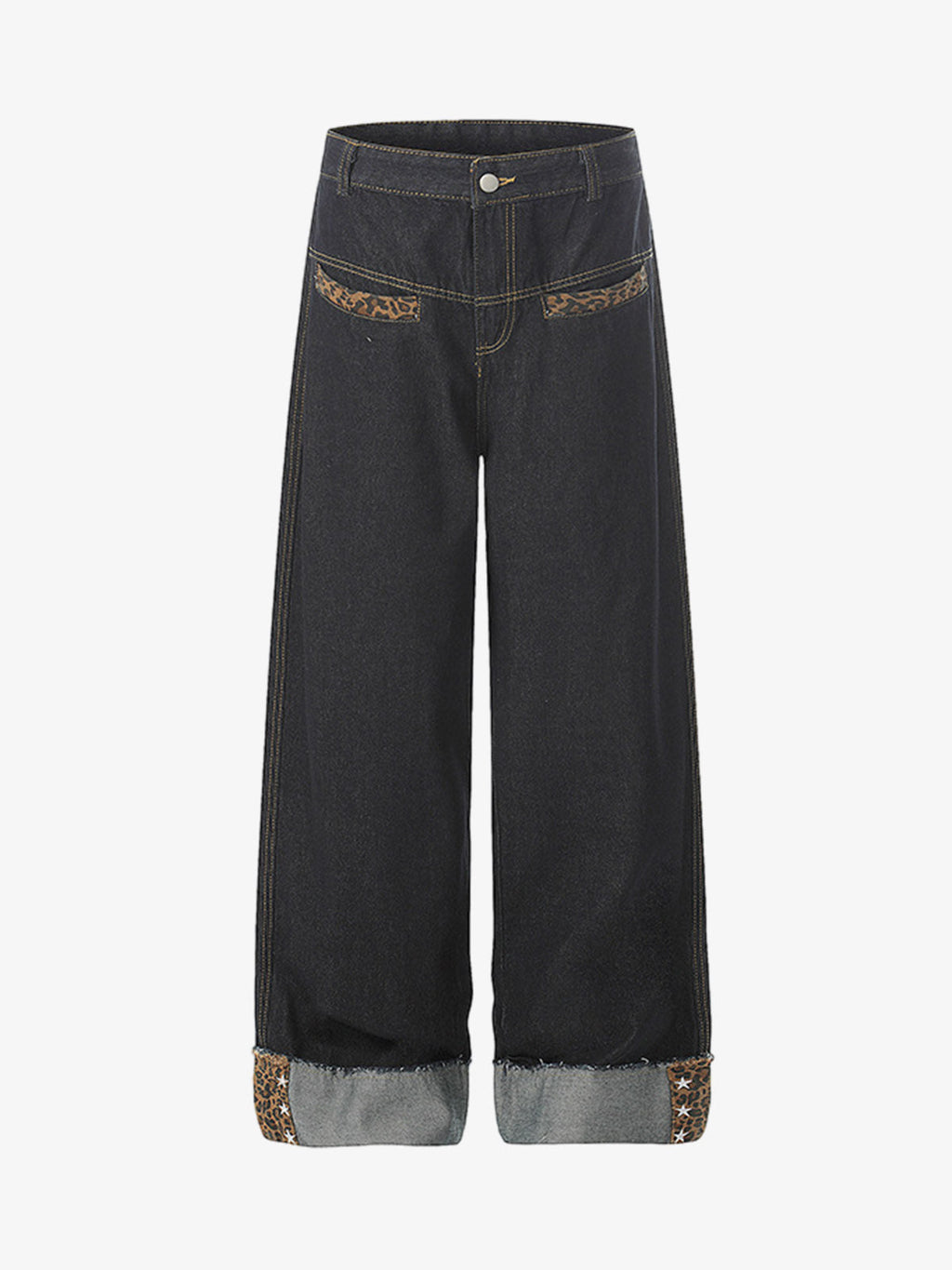 Leopard Print Trim Washed Jeans