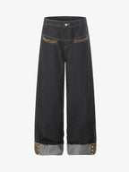 Leopard Print Trim Washed Jeans