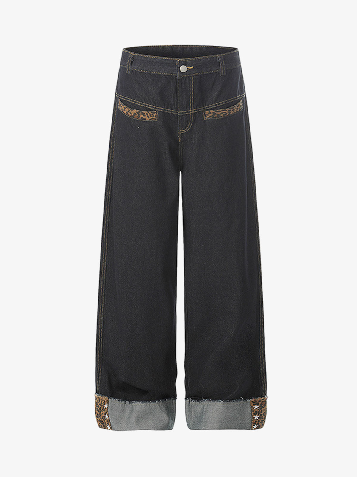 Leopard Print Trim Washed Jeans