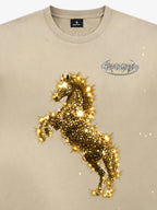 Vintage Wash Glitter Horse Pattern Splash Ink T-Shirt