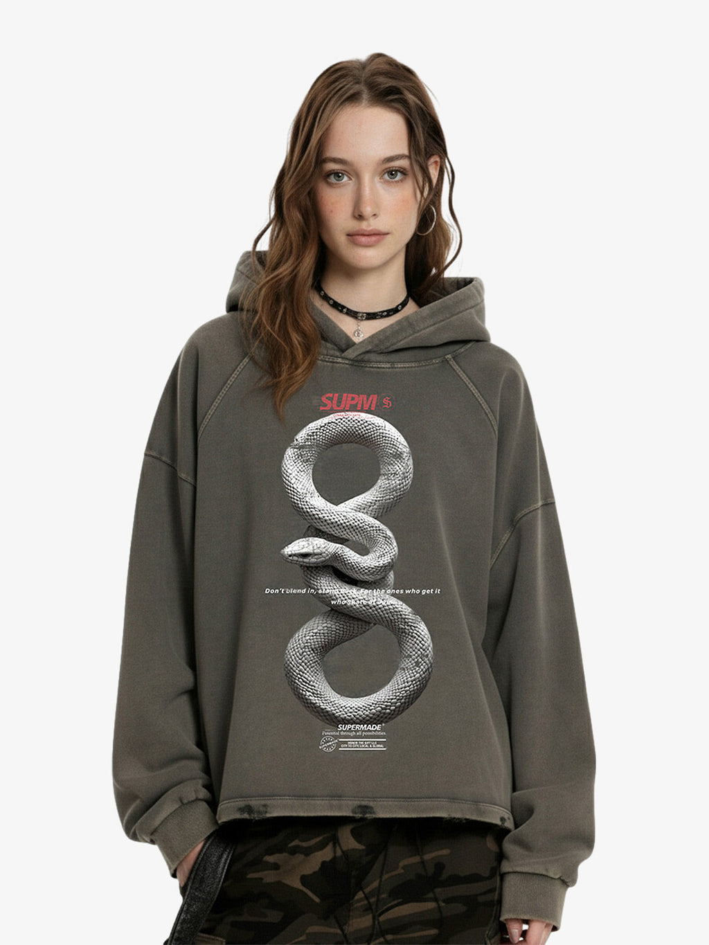 Vintage Washed Snake Appliqué Pullover Hoodie