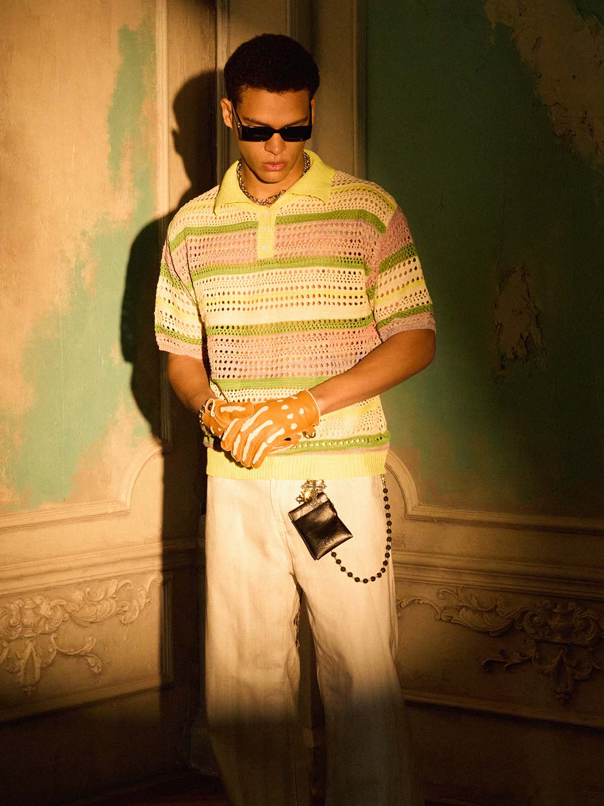 Pastel Striped Crochet Knit Short Sleeve Polo Shirt