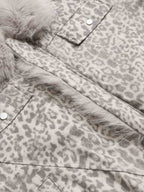 Vintage Leopard Fleece Faux Fur Collar Panel Trim Padded Jacket