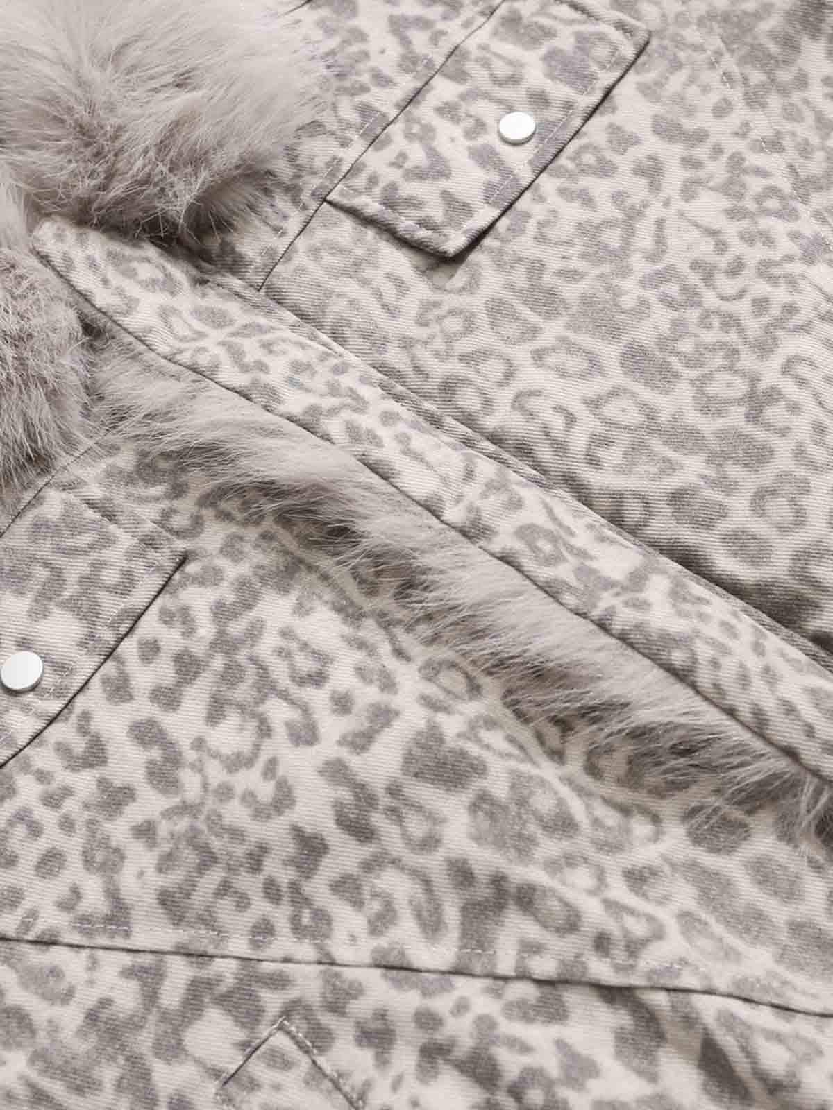 Vintage Leopard Fleece Faux Fur Collar Panel Trim Padded Jacket
