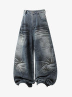 Wrinkle Effect Print Wide Leg Denim Jeans