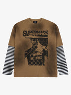 Grunge Graphic Distressed Cage Striped Long-Sleeve T-Shirt