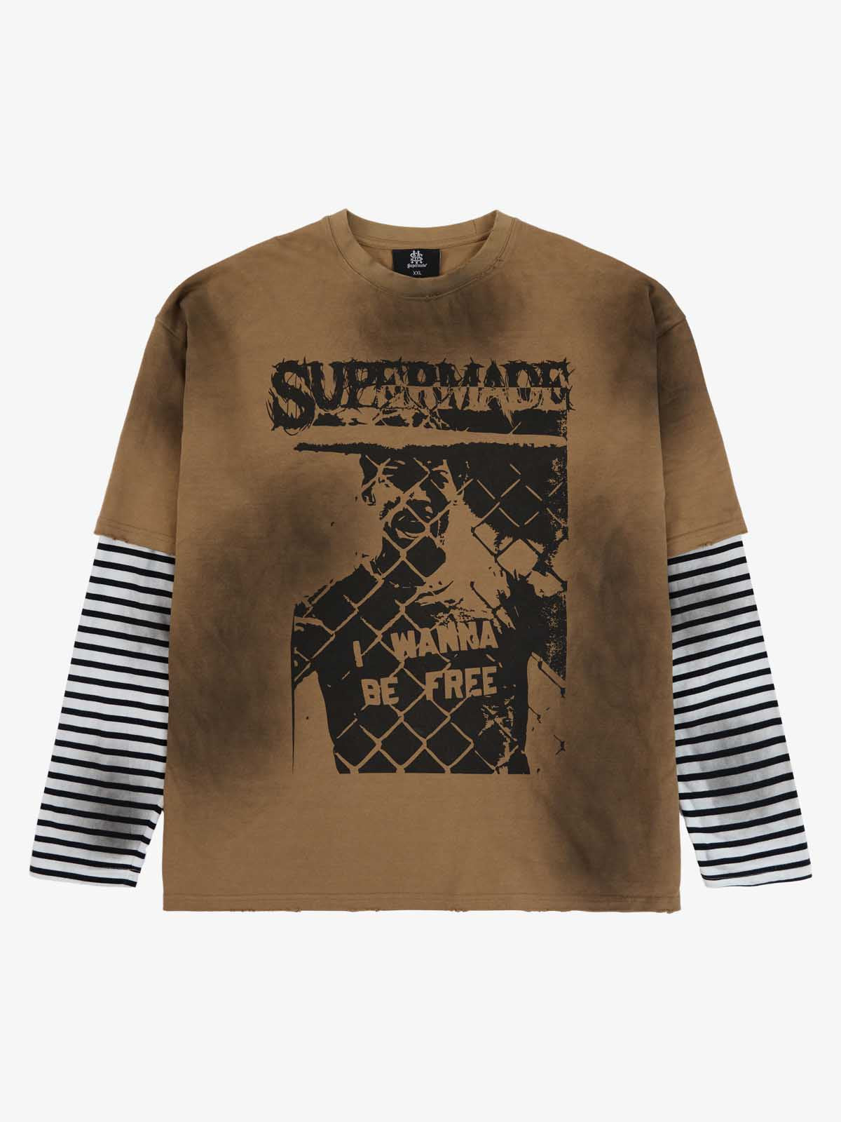 Grunge Graphic Distressed Cage Striped Long-Sleeve T-Shirt