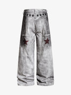 Distressed Dirty Wash Text Graphic Star Trim Straight Leg Pants