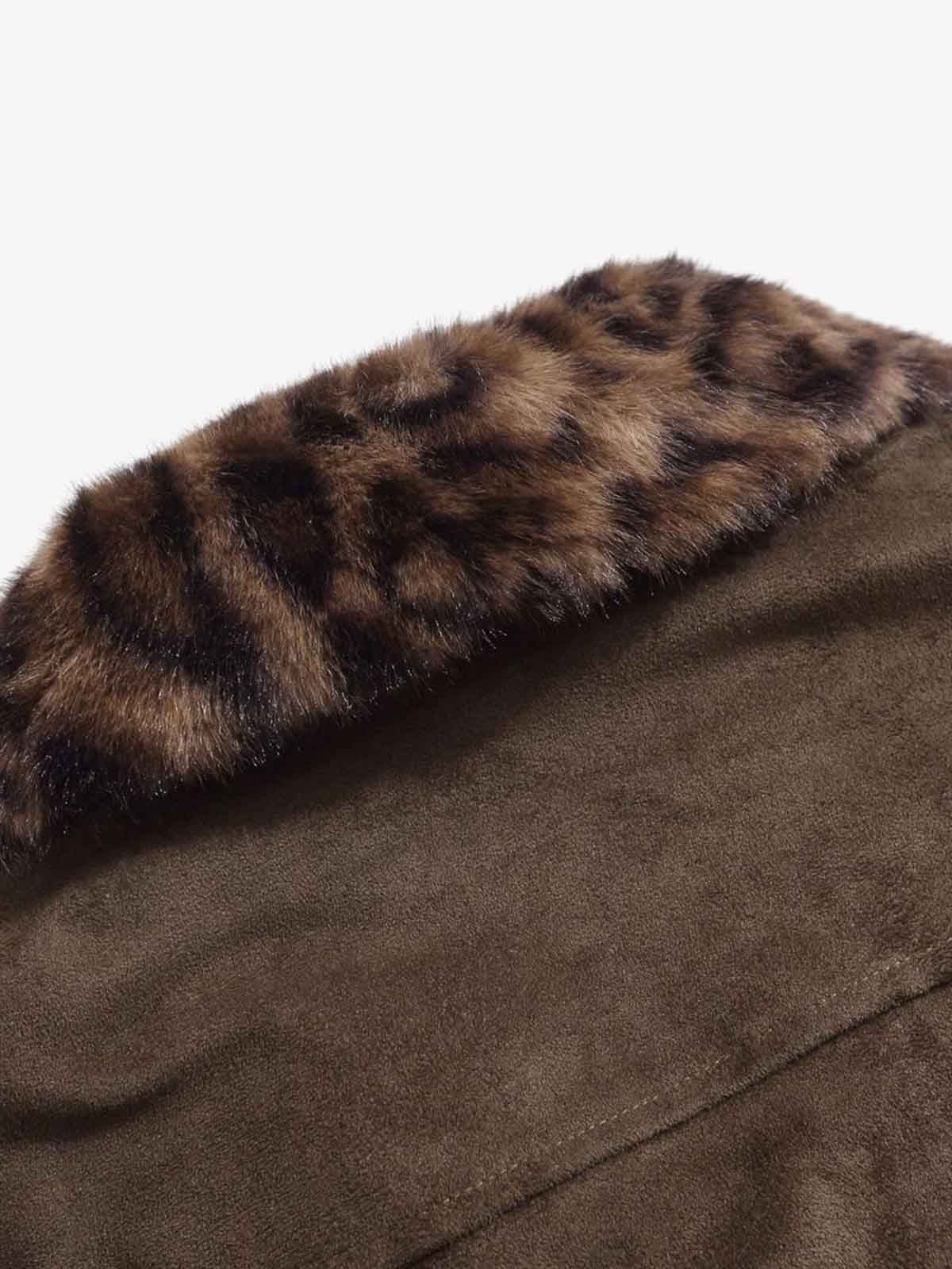 Retro Leopard Fur Collar Padded Bomber Jacket