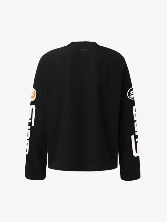 Textured Waffle SUPM Letter Graphic Long Sleeve T-Shirt - 2600