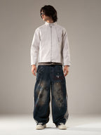 Washed Stripe Patchwork Totem Print Baggy Jeans