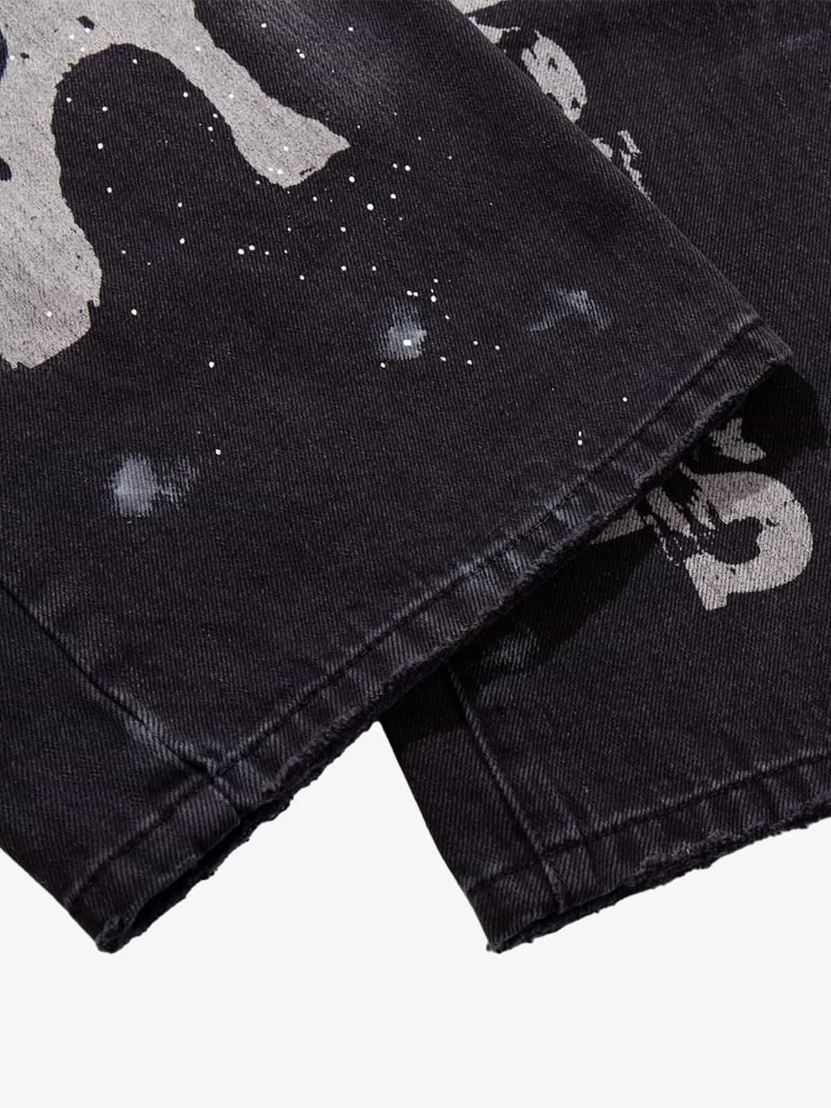 Retro Rhinestone Graffiti Washed Straight Jeans