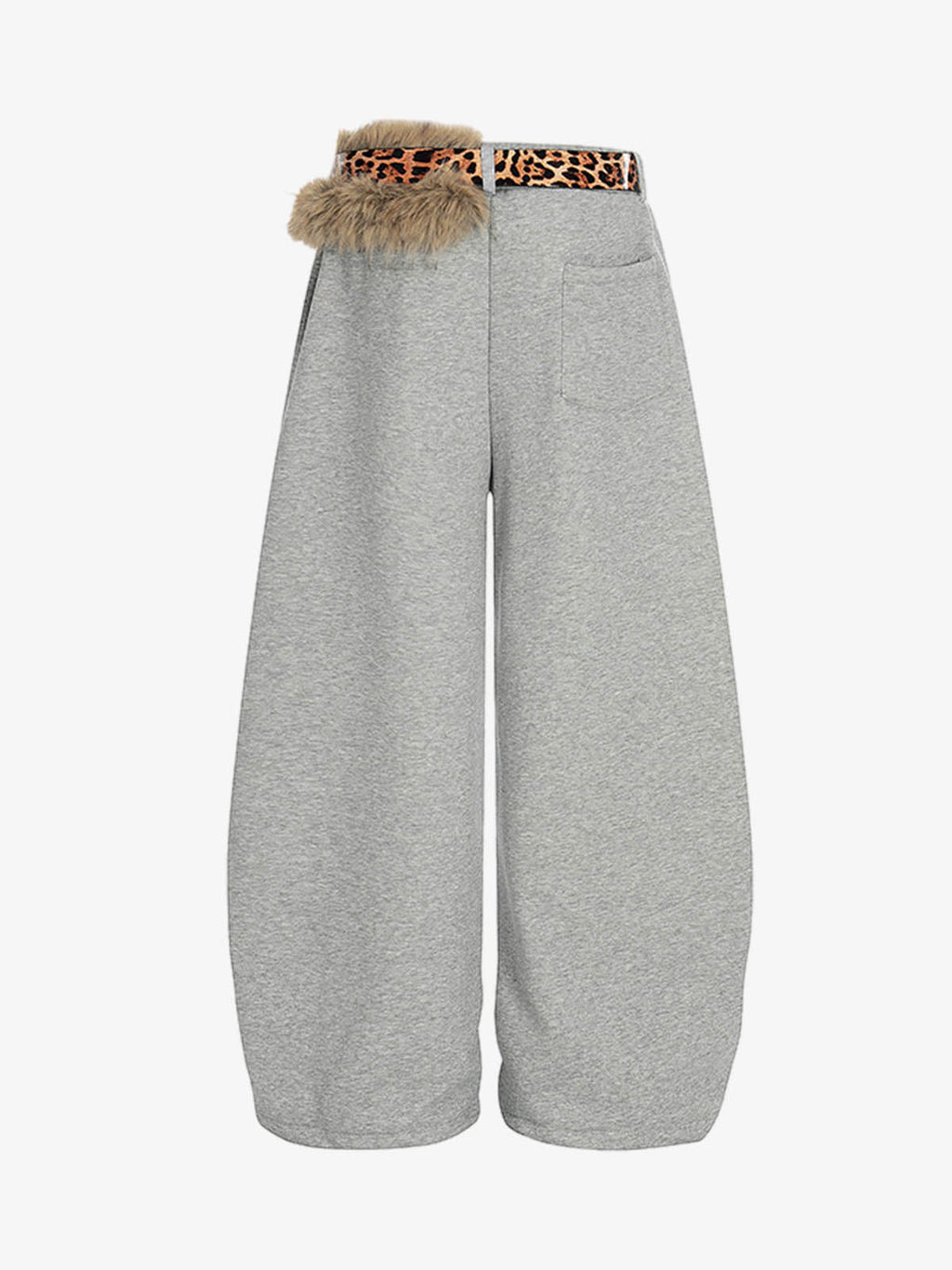 Leopard Belt Fur-Pom Detail Fleece Wide-Leg Pants