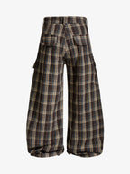 Vintage Plaid Pleated Multi-Pocket Cargo Casual Pants - 2524