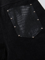 Croc Embossed Pocket Rivet Wide Leg Denim Jeans
