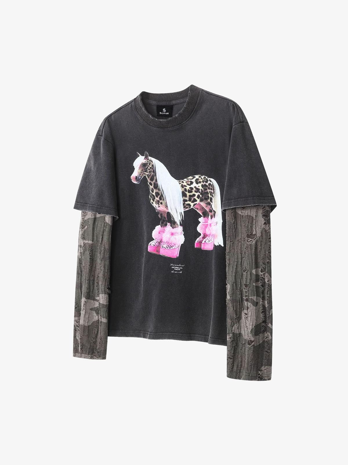 Layered Leopard Horse Graphic Long Sleeve T-Shirt