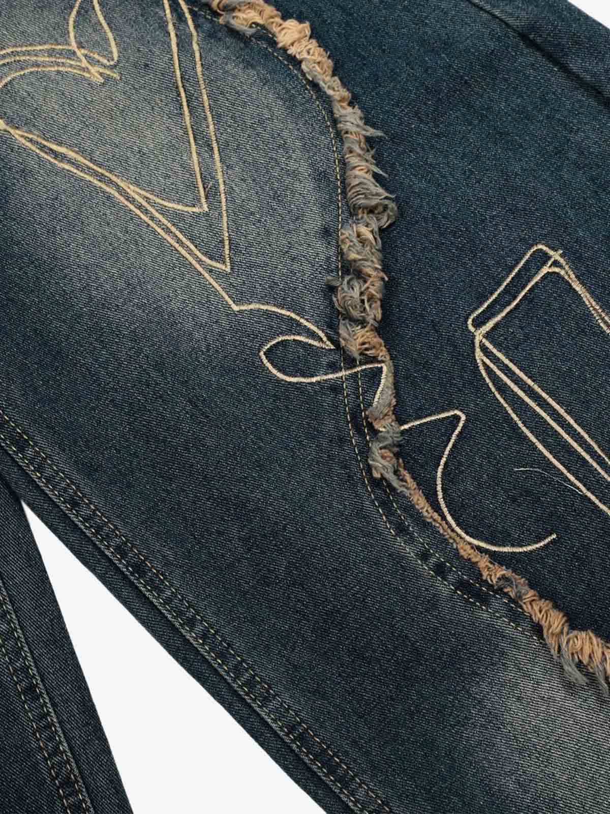 Vintage Embroidered Washed Raw-Edge Graffiti Scimitar Jeans