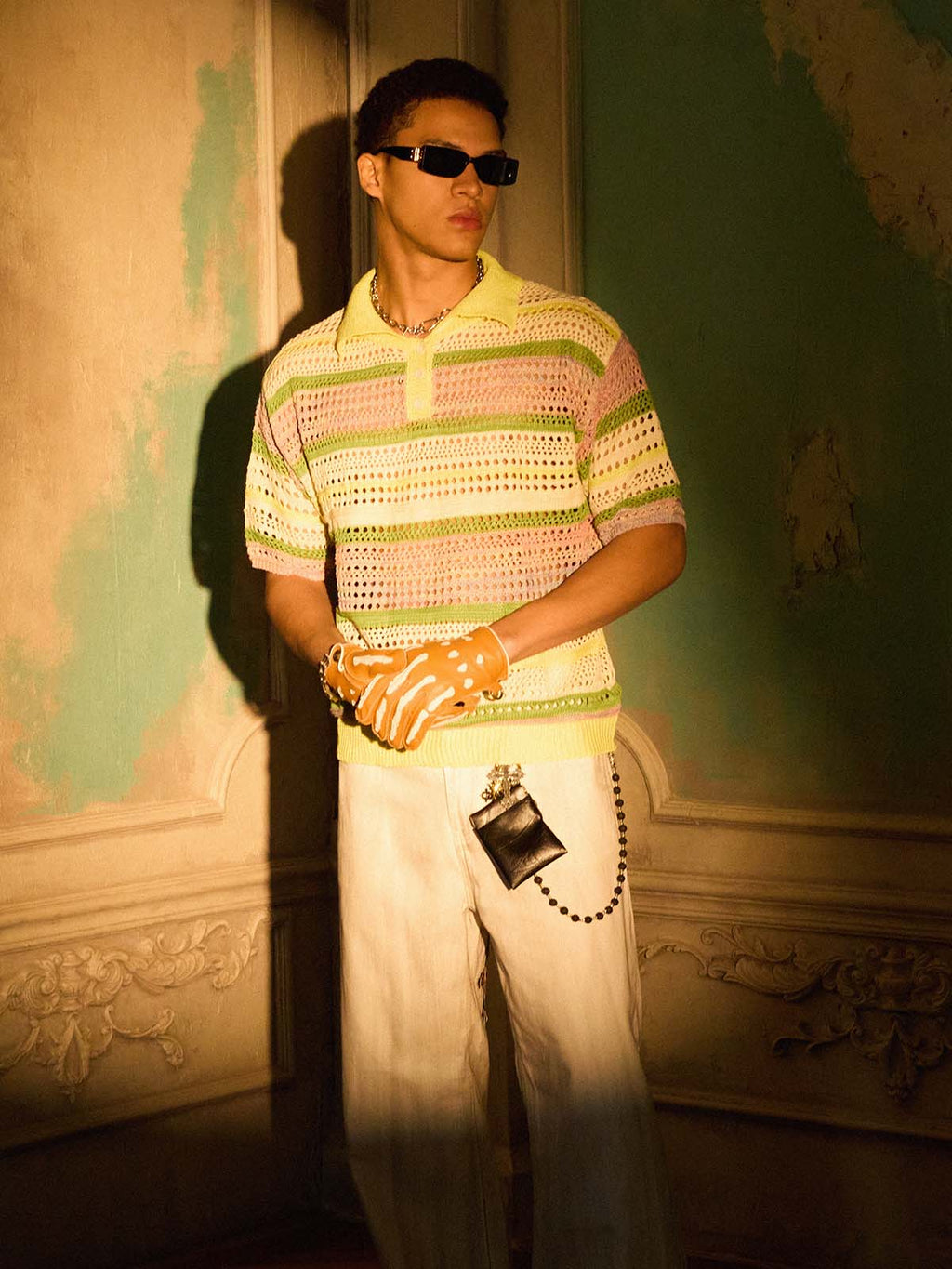 Pastel Striped Crochet Knit Short Sleeve Polo Shirt