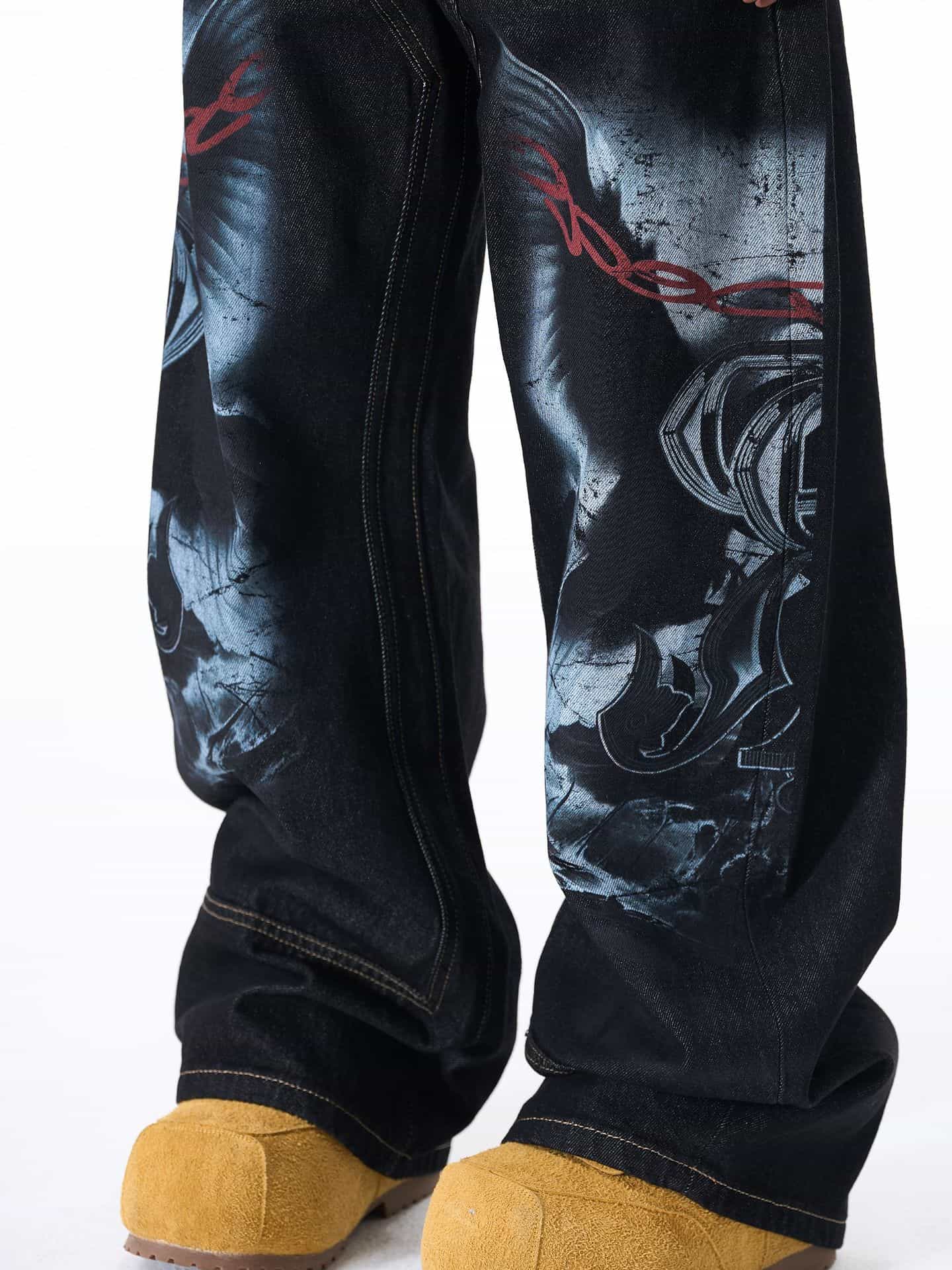 Dark Gothic Graphic Wide-Leg Jeans