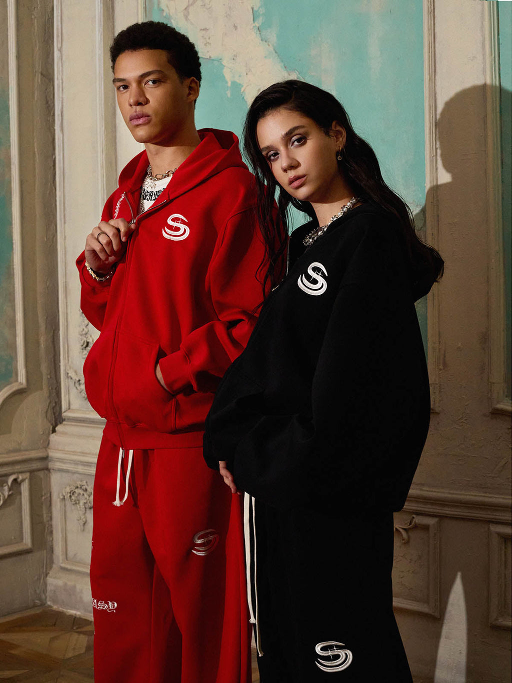 Gothic Letter Cross Embroidery Zip Up Hoodie and Sweatpants Set