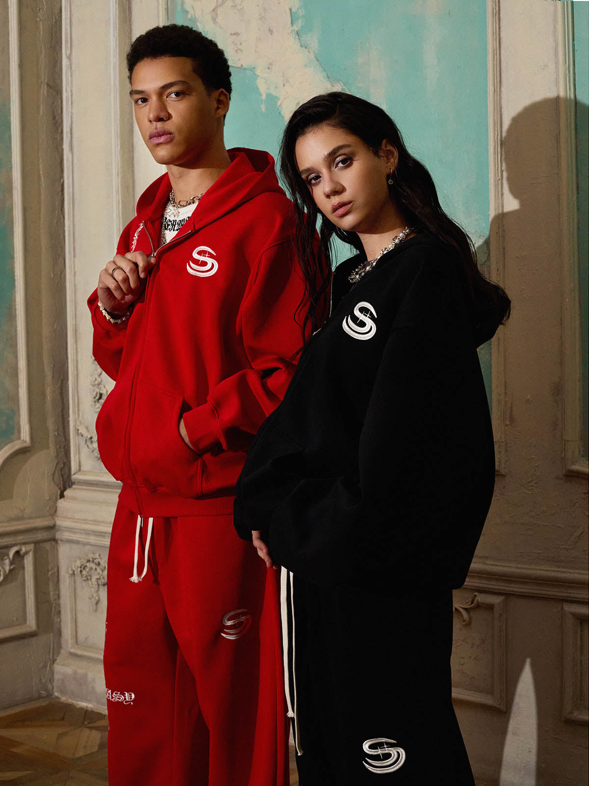 Gothic Letter Cross Embroidery Zip Up Hoodie and Sweatpants Set