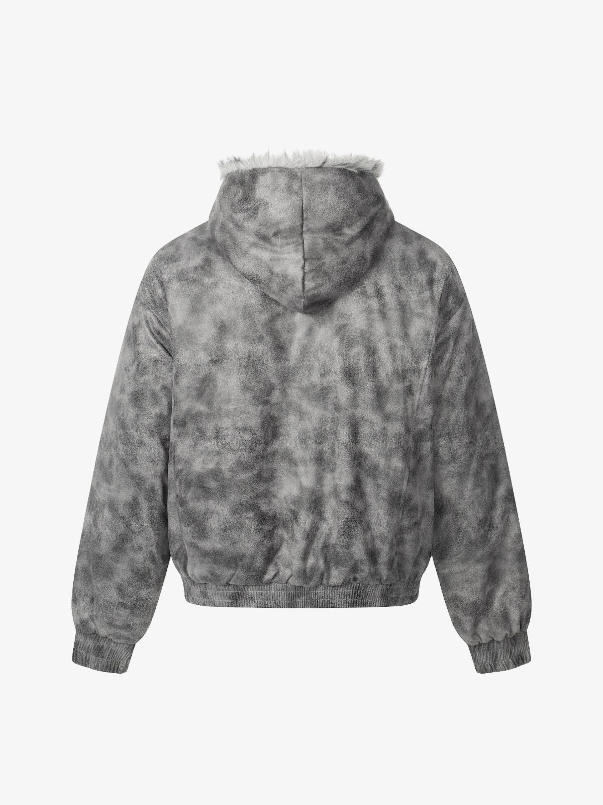 Faux Suede Vintage Wash Fur Hood Padded Jacket - 2553