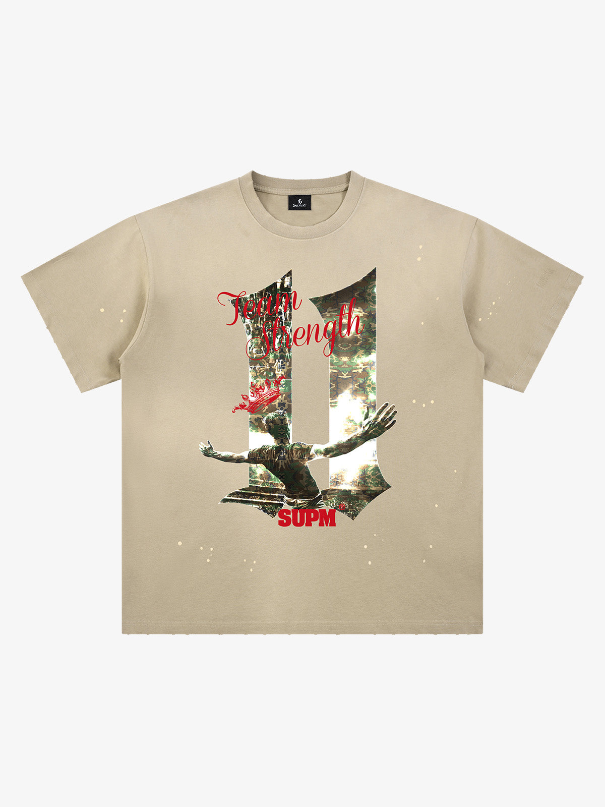 Washed Distressed "Team Strength 11" Graphic T-Shirt