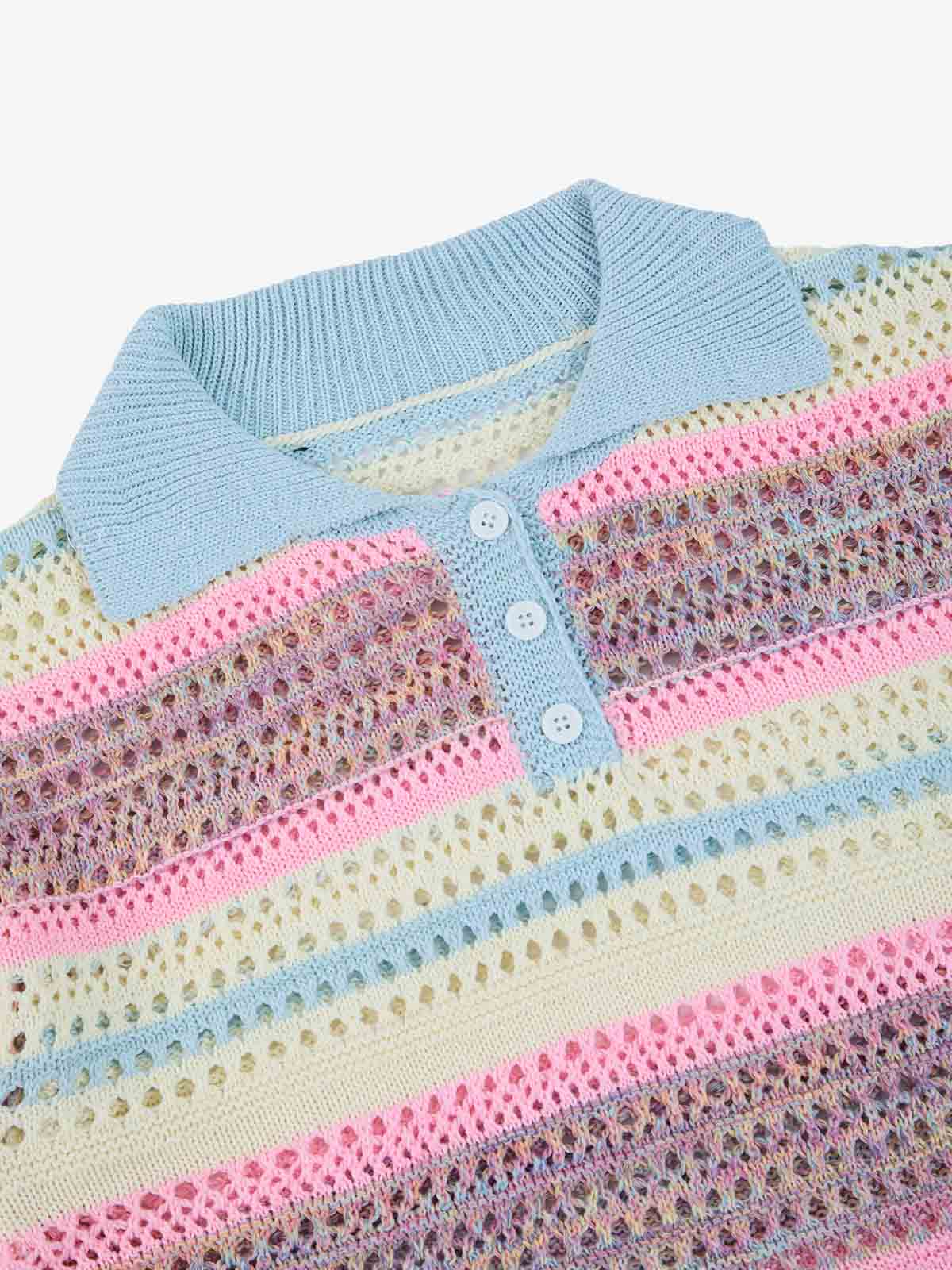 Pastel Striped Crochet Knit Short Sleeve Polo Shirt