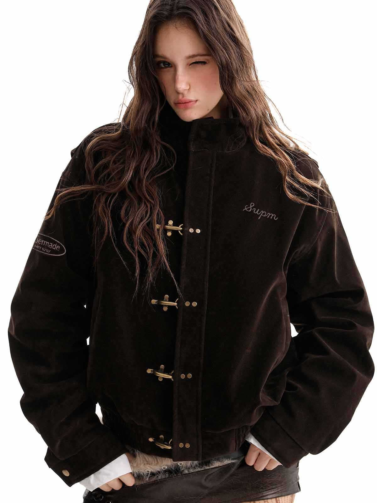 Vintage Suede Embroidered Metal Clip Down Jacket