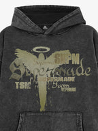 Vintage Washed Angel Halo Distressed Letter Graphic Hoodie