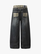 Y2K Double Waistband Leopard Print Wide Leg Jeans