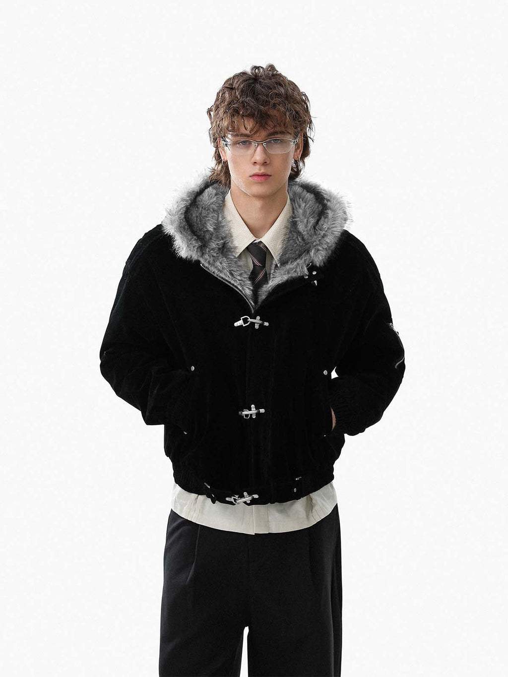 Streetwear Metal Clip Faux Fur Hooded Suede Bomber Jacket - 2597