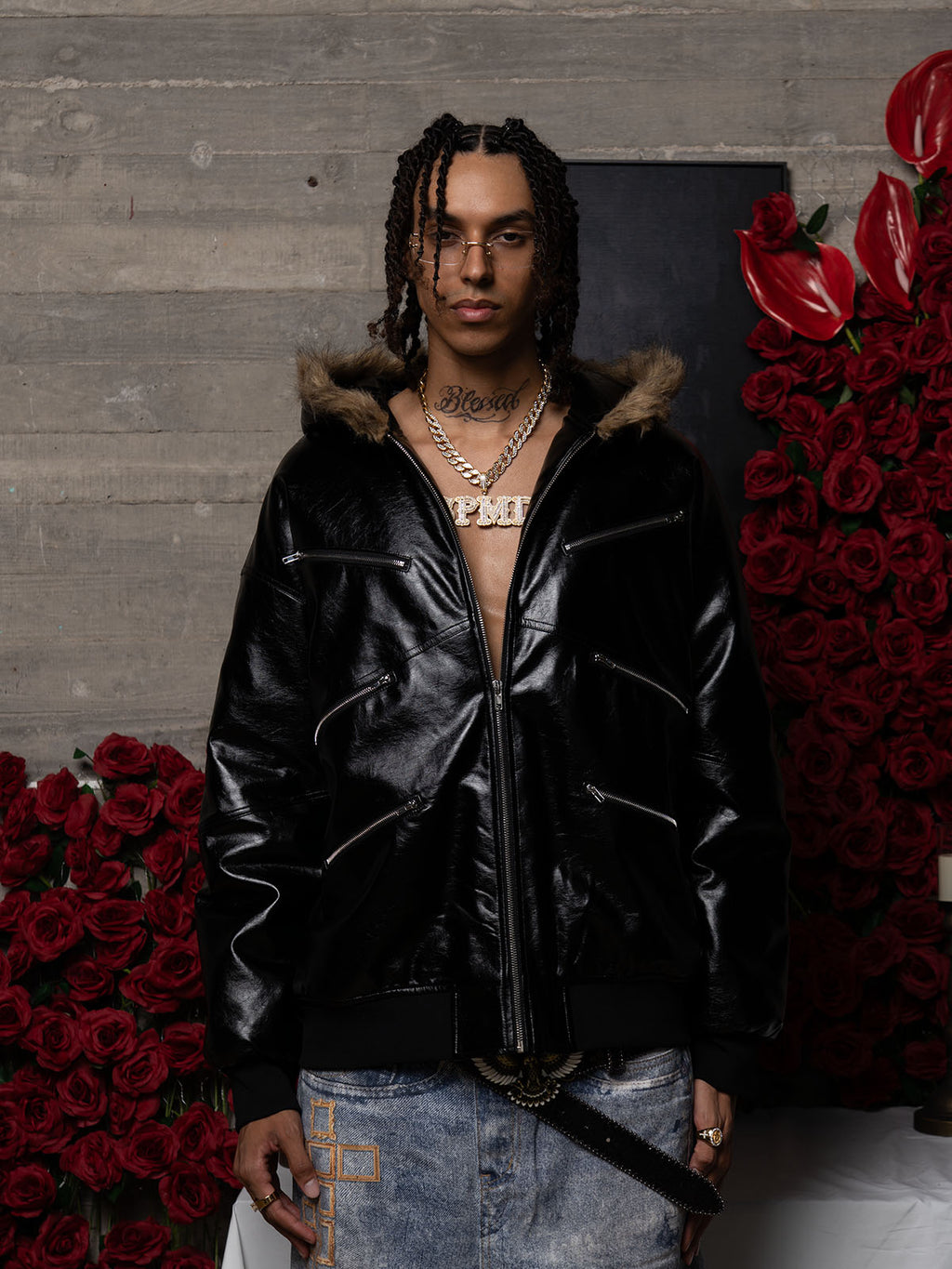 Multi-Zip Fur Hooded Leather Jacket