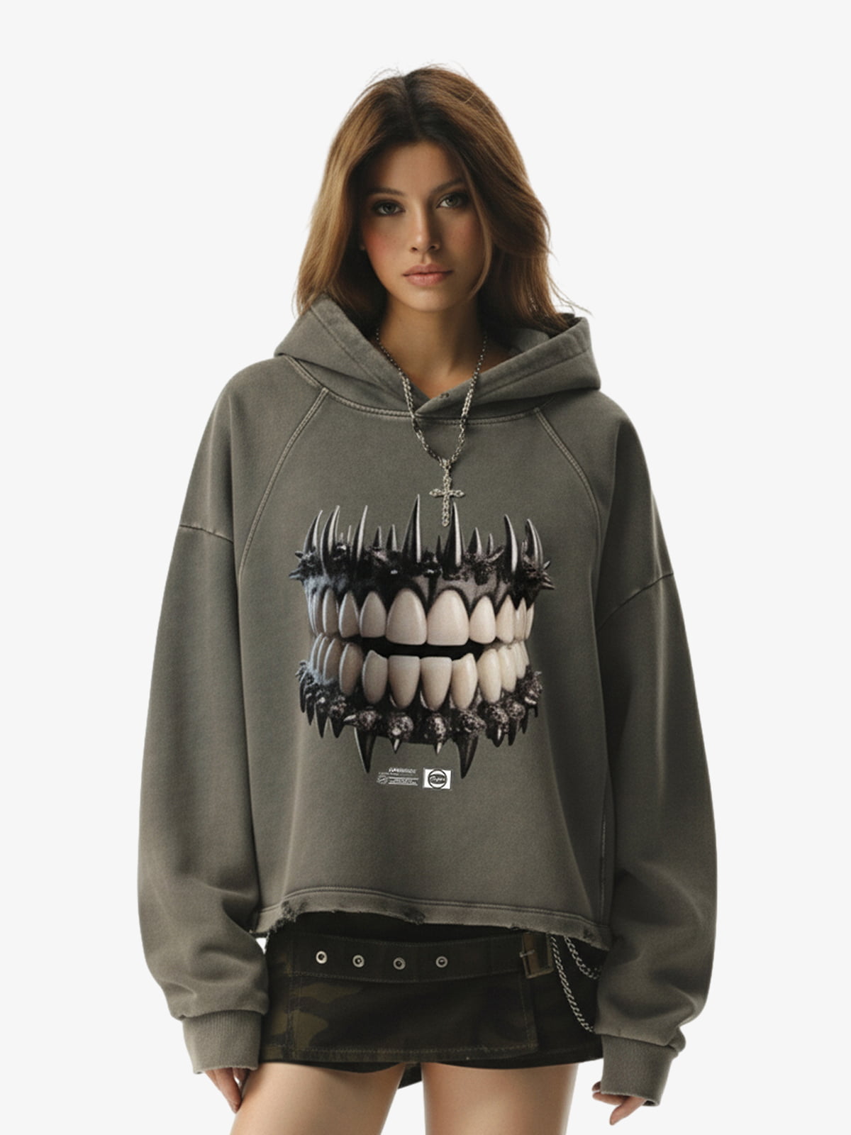 Dark Monster Teeth Graphic Cropped Hoodie