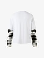Cartoon Print Striped Sleeve Faux Two-Piece Long-Sleeve T-Shirt