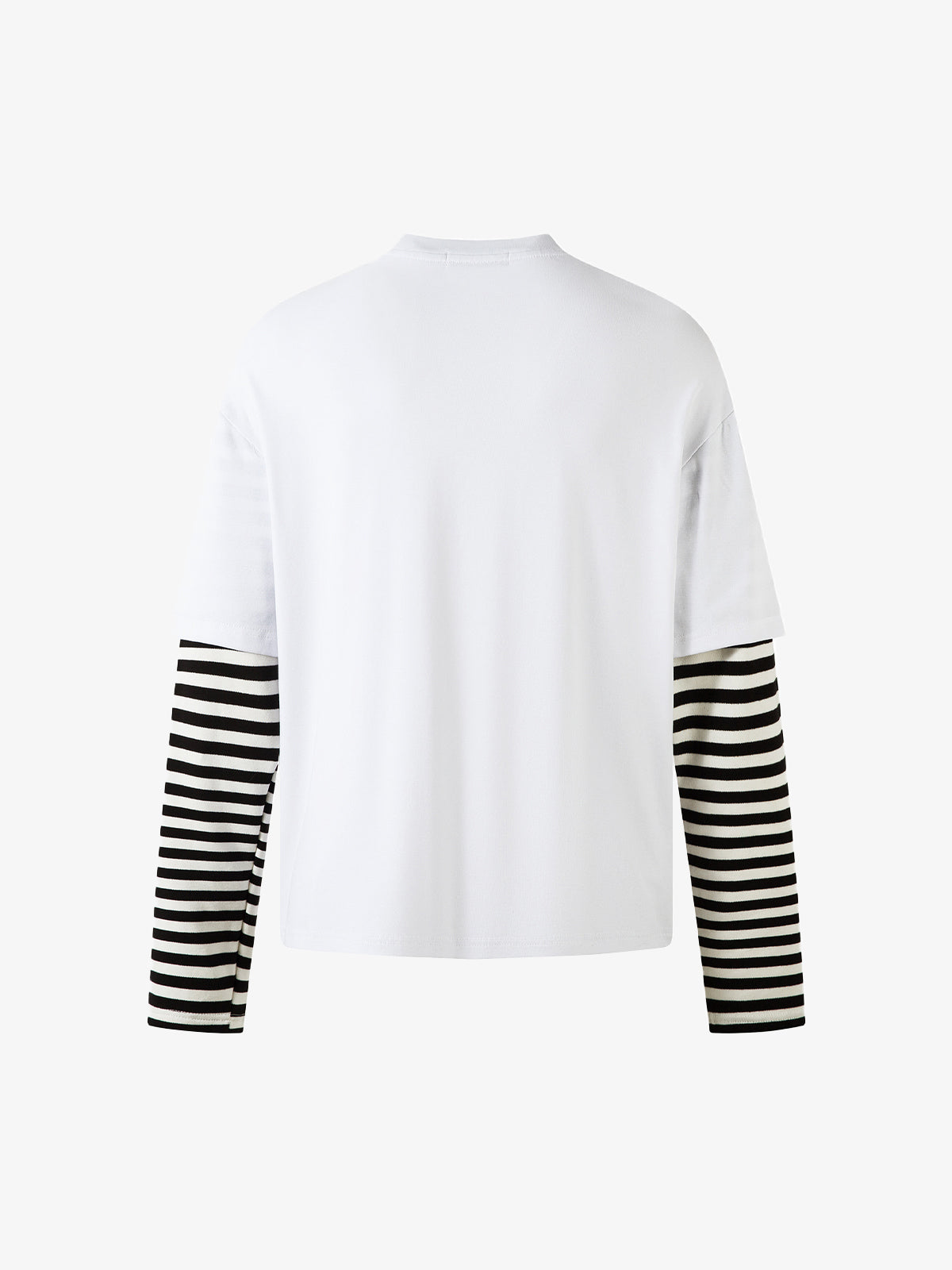 Cartoon Print Striped Sleeve Faux Two-Piece Long-Sleeve T-Shirt