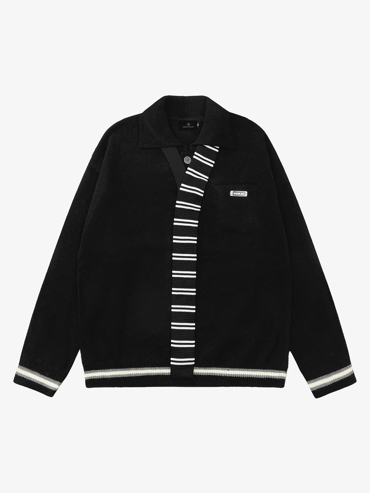 Retro Striped Contrast Panel Button-Up Collar Sweater