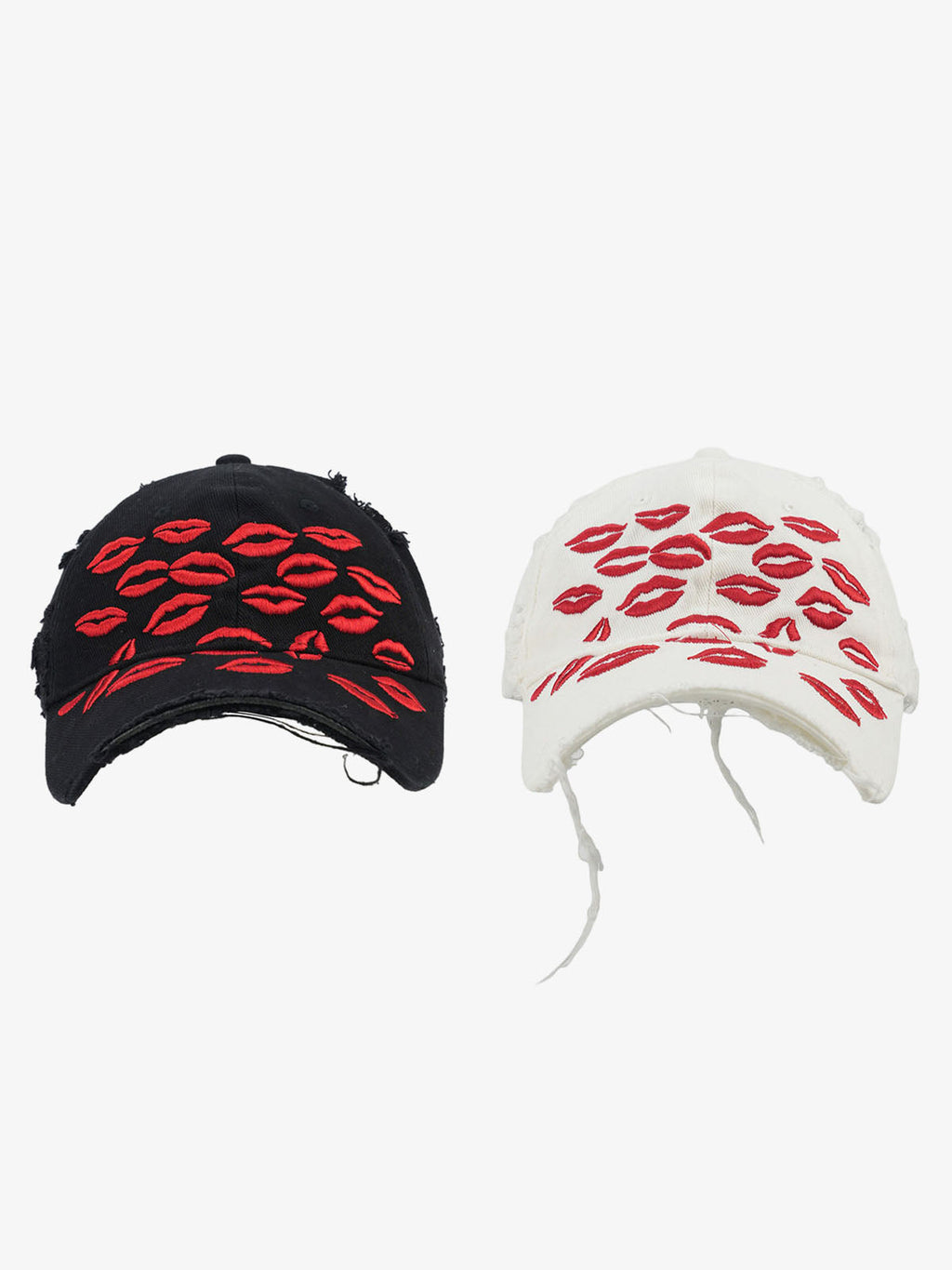 Red Lip Embroidery Distressed Baseball Cap
